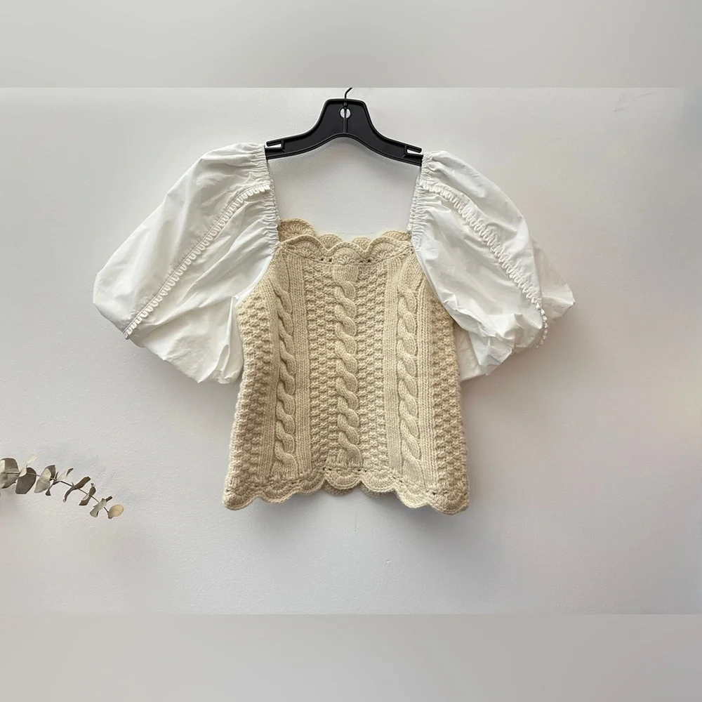 Sea New York Sweater Beige and White Puff Sleeve Crop Top NWT - Picture 6 of 6